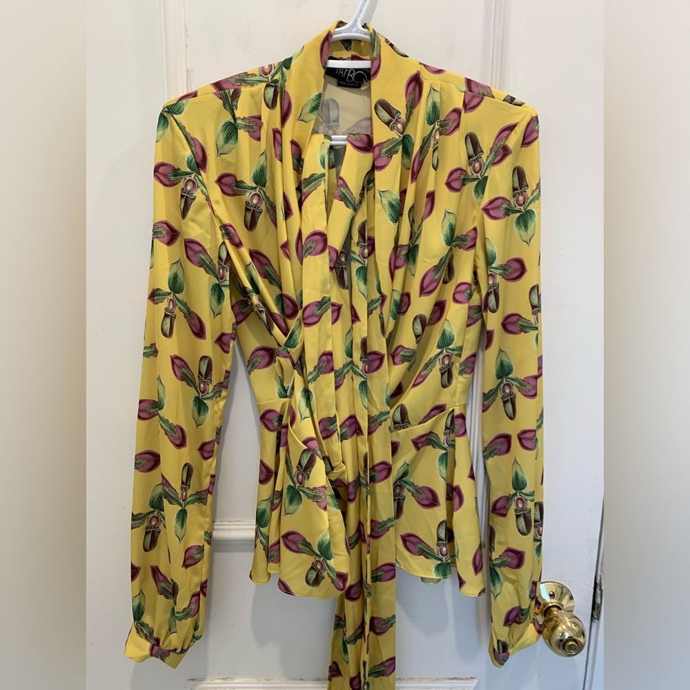 PatBO Yellow Plunge Neckline Floral Top Size S